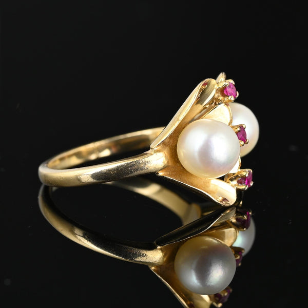 Vintage Cultured Pearl Ruby Ring in 14K Gold - Boylerpf