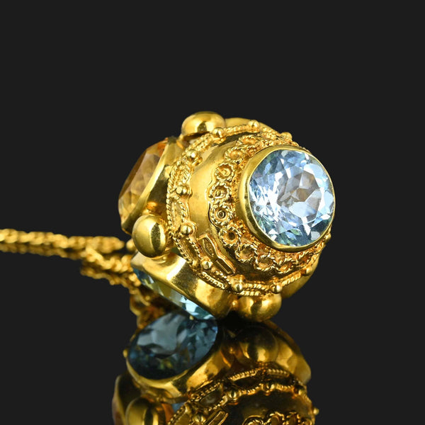 Fine 18K Gold Etruscan Pendant w Blue Topaz Citrine - Boylerpf