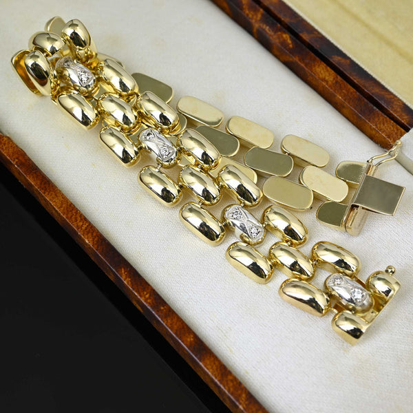 Vintage Diamond Solid 14K Gold Tank Bracelet, 35.6 Grams - Boylerpf