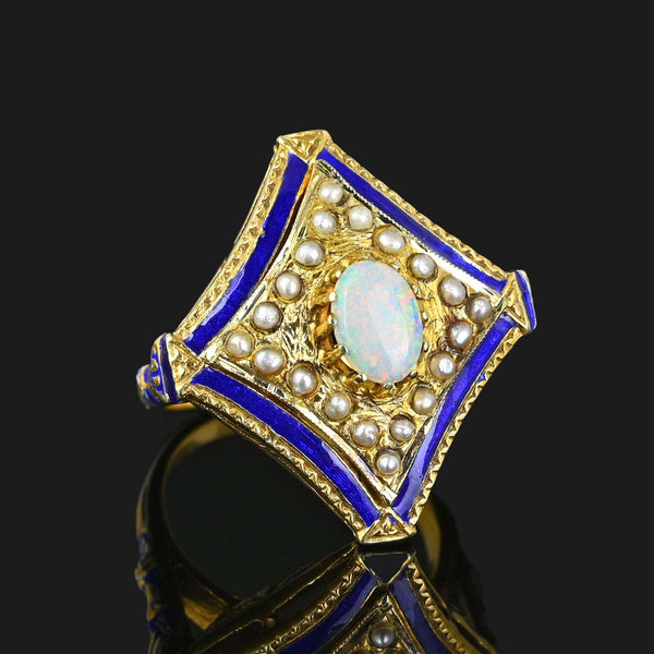 Antique Blue Enamel Pearl Opal Ring in 14K Gold - Boylerpf
