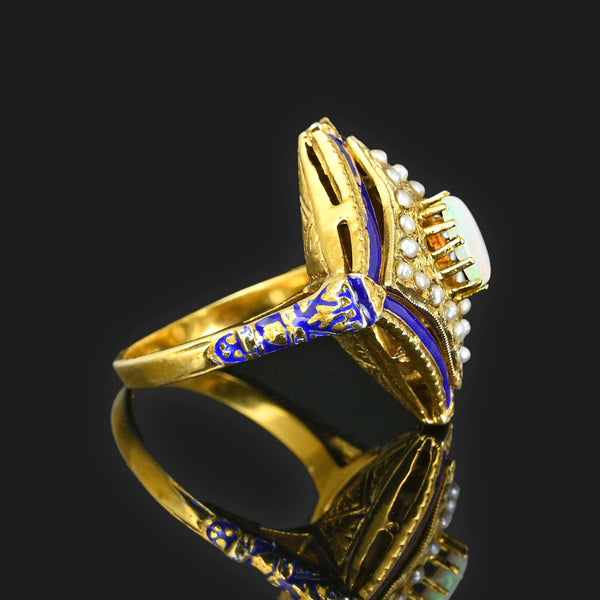 Antique Blue Enamel Pearl Opal Ring in 14K Gold - Boylerpf