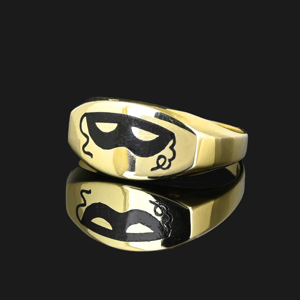 Antique Enamel Mask 14K Gold Signet Ring - Boylerpf