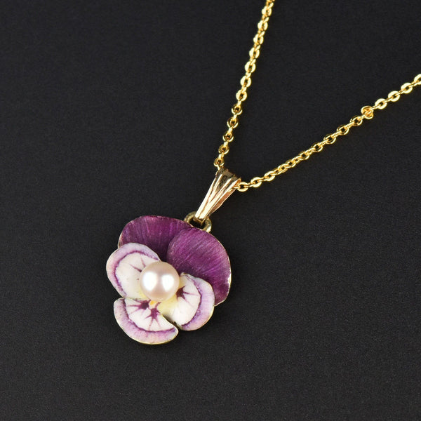 Art Nouveau 14K Gold Purple Enamel Pansy Flower Pendant - Boylerpf