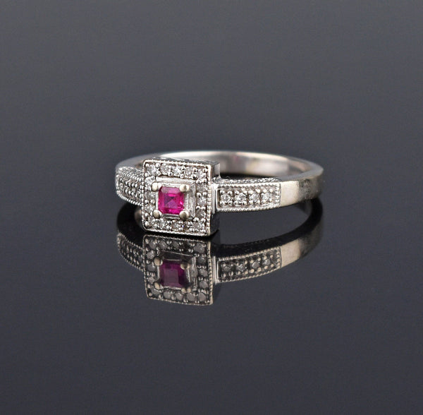 14K White Gold Ruby Diamond Halo Engagement Ring - Boylerpf