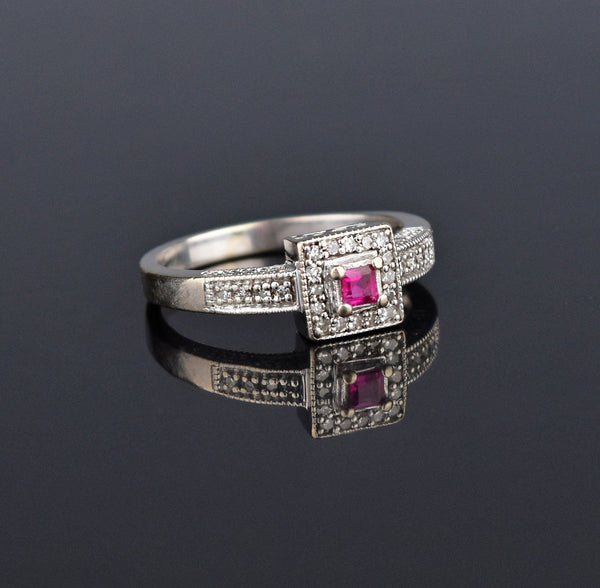 14K White Gold Ruby Diamond Halo Engagement Ring - Boylerpf