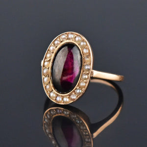 Victorian Pearl Halo Garnet Cabochon 14K Rose Gold Ring - Boylerpf