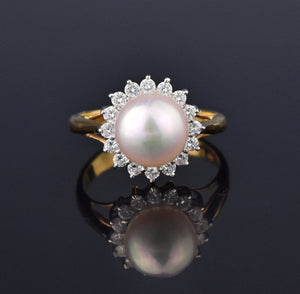 Retro 18K Gold Akoya Pearl Diamond Halo Ring - Boylerpf