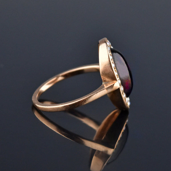 Victorian Pearl Halo Garnet Cabochon 14K Rose Gold Ring - Boylerpf