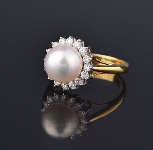 Retro 18K Gold Akoya Pearl Diamond Halo Ring - Boylerpf