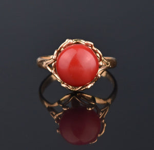 Oxblood Red Coral Retro Arts & Crafts 14K Gold Ring - Boylerpf