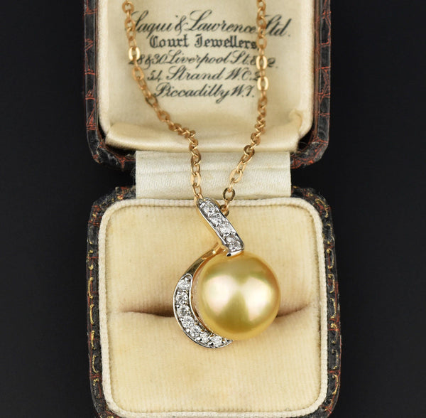 14K Gold Golden Pearl .30 Carat Diamond Pendant Necklace - Boylerpf
