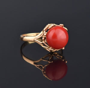 Oxblood Red Coral Retro Arts & Crafts 14K Gold Ring - Boylerpf