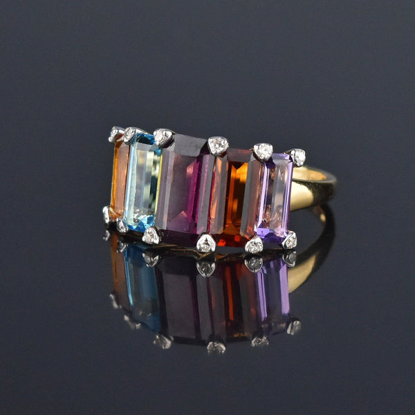 Wide 14K Gold Multi Gemstone Diamond Ring, Citrine Amethyst - Boylerpf