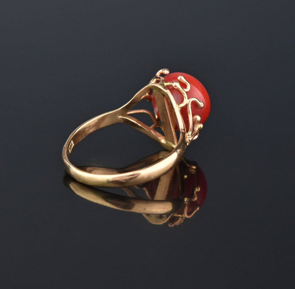 Oxblood Red Coral Retro Arts & Crafts 14K Gold Ring - Boylerpf