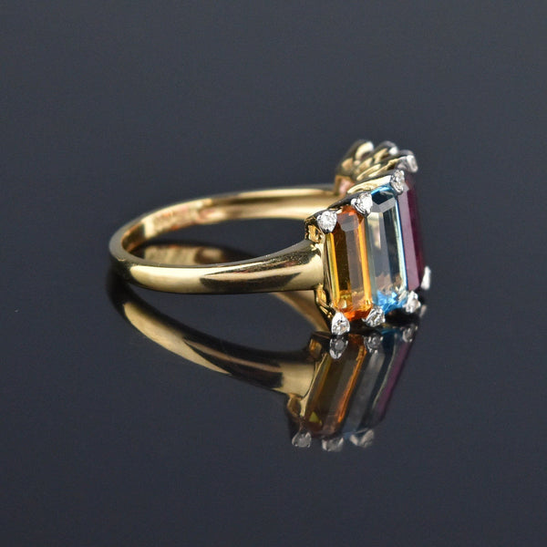 Wide 14K Gold Multi Gemstone Diamond Ring, Citrine Amethyst - Boylerpf