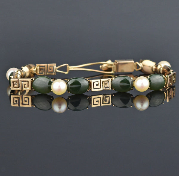 Solid 14K Gold Jade Pearl Butterfly Bracelet, Greek Key - Boylerpf
