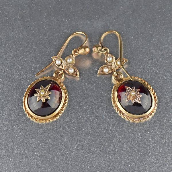 14K Gold Victorian Garnet Cabochon Pearl Dangle Earrings - Boylerpf