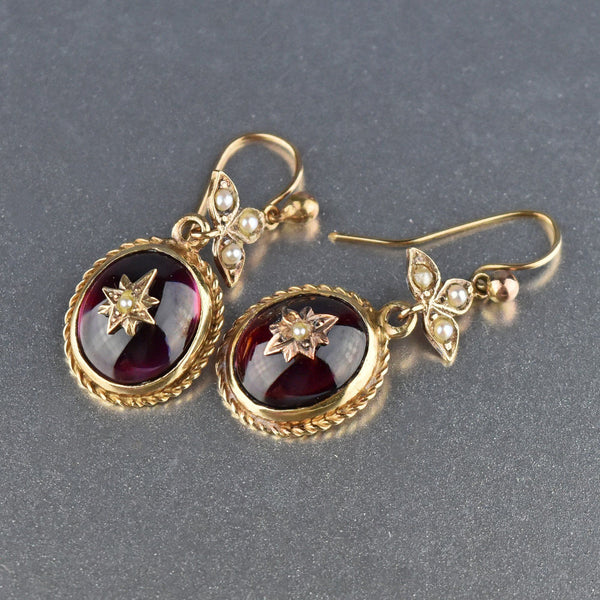 14K Gold Victorian Garnet Cabochon Pearl Dangle Earrings - Boylerpf