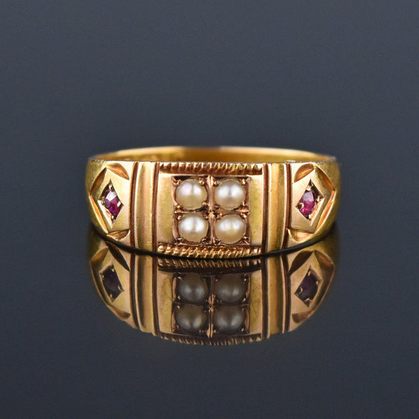 3rd Payment Antique 15K Gold Ruby Pearl Gypsy Band Ring, C 1880s - Boylerpf