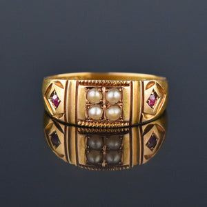 ON LAYAWAY Antique 15K Gold Ruby Pearl Gypsy Band Ring, C 1880s - Boylerpf