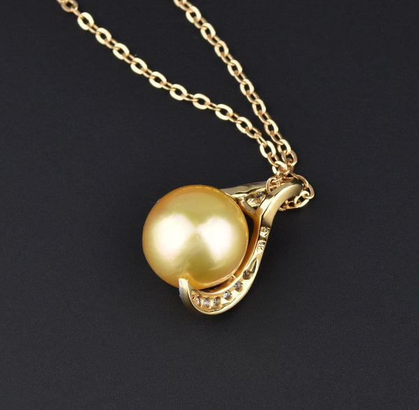 14K Gold Golden Pearl .30 Carat Diamond Pendant Necklace - Boylerpf