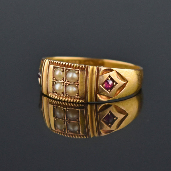 DEPOSIT Antique 15K Gold Ruby Pearl Gypsy Band Ring, C 1880s - Boylerpf