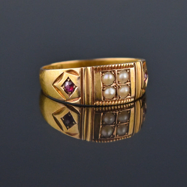 Final Payment Antique 15K Gold Ruby Pearl Gypsy Band Ring, C 1880s - Boylerpf