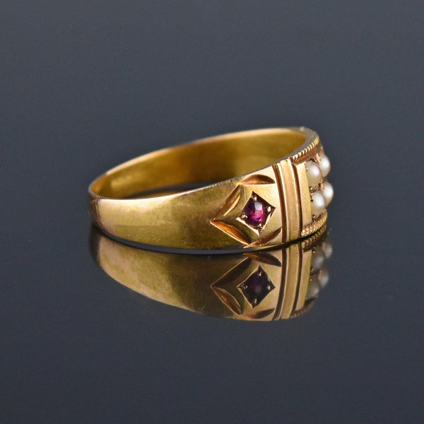 3rd Payment Antique 15K Gold Ruby Pearl Gypsy Band Ring, C 1880s - Boylerpf