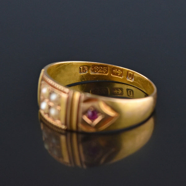 Final Payment Antique 15K Gold Ruby Pearl Gypsy Band Ring, C 1880s - Boylerpf