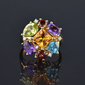 Multi Gemstone Harlequin Heavy 14K Gold Cocktail Ring, GIA Cert - Boylerpf