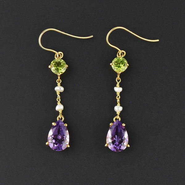 Suffragette Peridot Amethyst Pearl Gold Dangle Earrings - Boylerpf