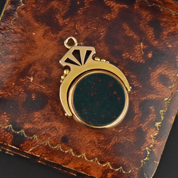 Antique Victorian 15K Gold Spinner Watch Fob, Bloodstone Carnelian - Boylerpf
