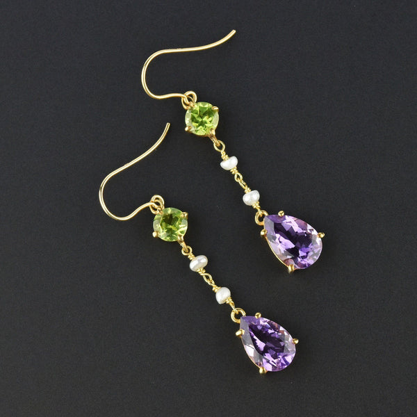 Suffragette Peridot Amethyst Pearl Gold Dangle Earrings - Boylerpf