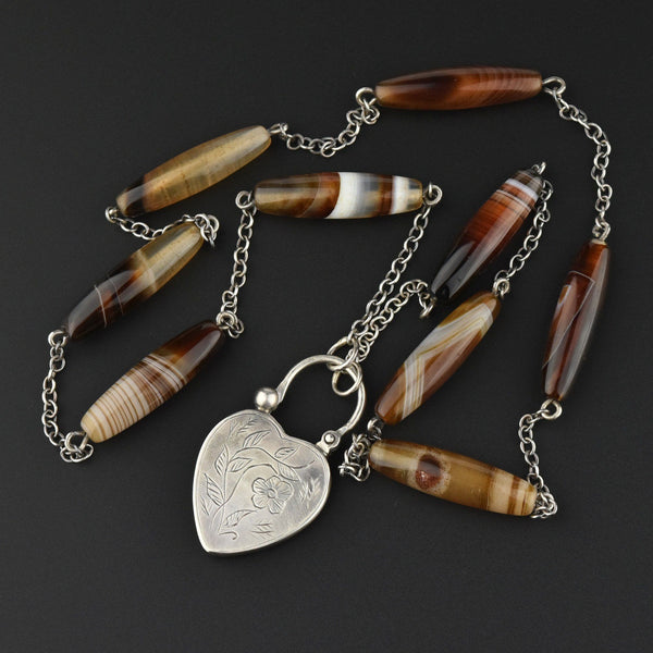 Antique Scottish Banded Agate Heart Padlock Necklace - Boylerpf