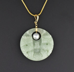 14K Gold Jade Jadeite Dragon Pearl Pendant Necklace - Boylerpf