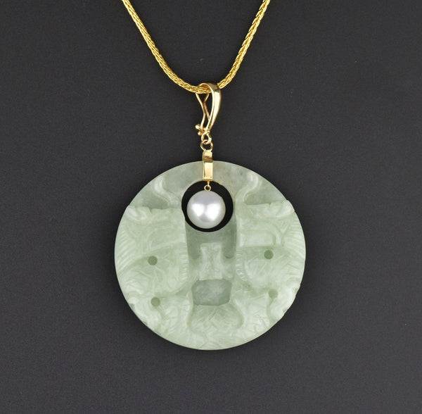 14K Gold Jade Jadeite Dragon Pearl Pendant Necklace - Boylerpf