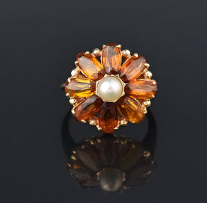 Retro Citrine Pearl 14K Gold Daisy Ring, Sz 7 - Boylerpf