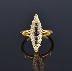 French 18K Gold Diamond Sapphire Navette Ring - Boylerpf