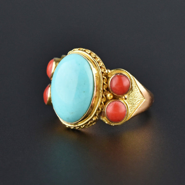 Vintage 14K Gold Torini Red Coral & Turquoise Ring - Boylerpf