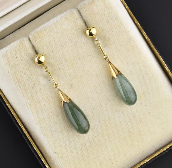 Vintage 14K Gold Pierced Jade Drop Earrings, 1 5/8 in. - Boylerpf