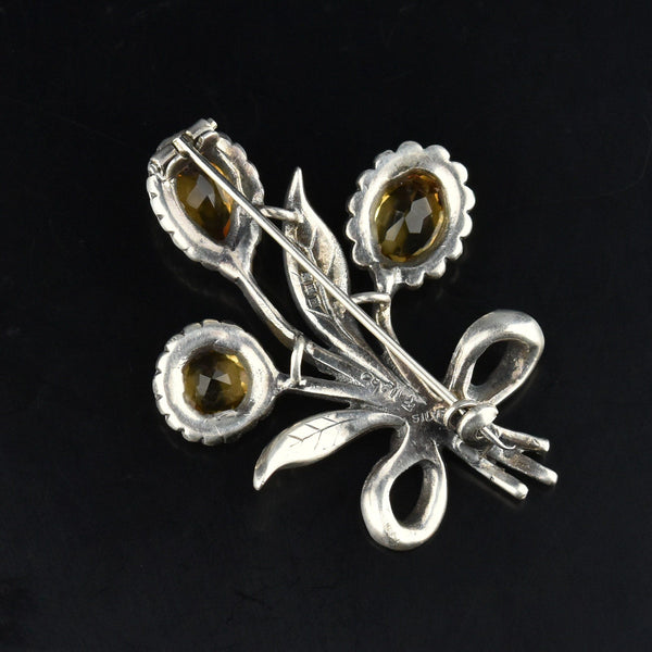 Vintage Sterling Silver 4 CTW Citrine Marcasite Flower Brooch