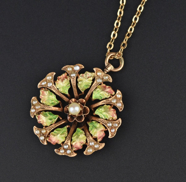 Antique 14K Gold Enamel Leaf Pearl Pendant - Boylerpf