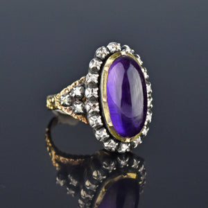 Rose Cut Diamond Halo Amethyst Cabochon 14K Gold Ring, Georgian Style - Boylerpf