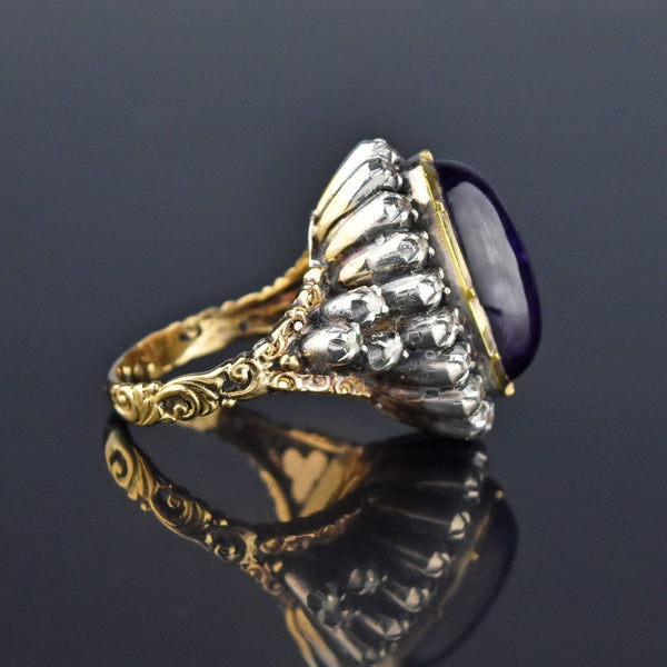 Rose Cut Diamond Halo Amethyst Cabochon 14K Gold Ring, Georgian Style - Boylerpf