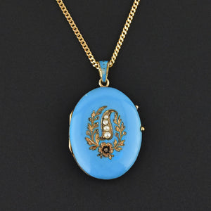 Victorian Blue Enamel Pearl 12K Gold Locket Necklace - Boylerpf