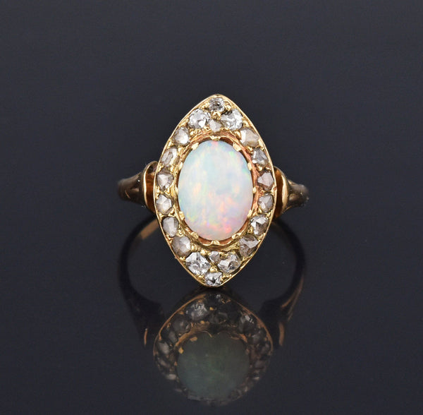 Edwardian Opal Navette Mine Cut Diamond Cluster Ring - Boylerpf