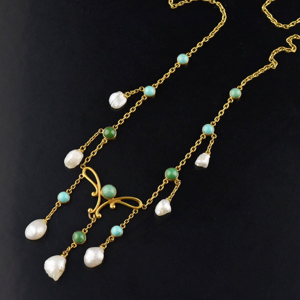 Art Nouveau 14K Gold Turquoise Natural Pearl Necklace – Boylerpf