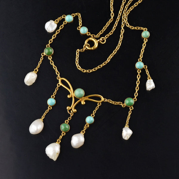 Art Nouveau 14K Gold Turquoise Natural Pearl Necklace - Boylerpf