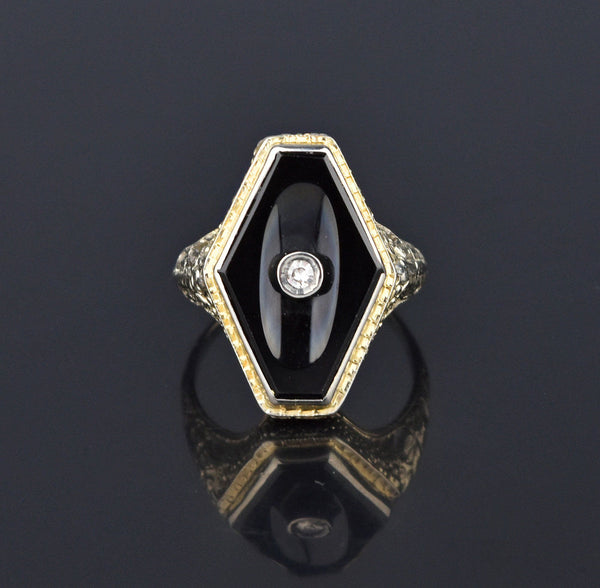 Art Deco 18K White Gold Diamond Black Onyx Ring - Boylerpf