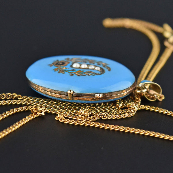 Victorian Blue Enamel Pearl 12K Gold Locket Necklace - Boylerpf